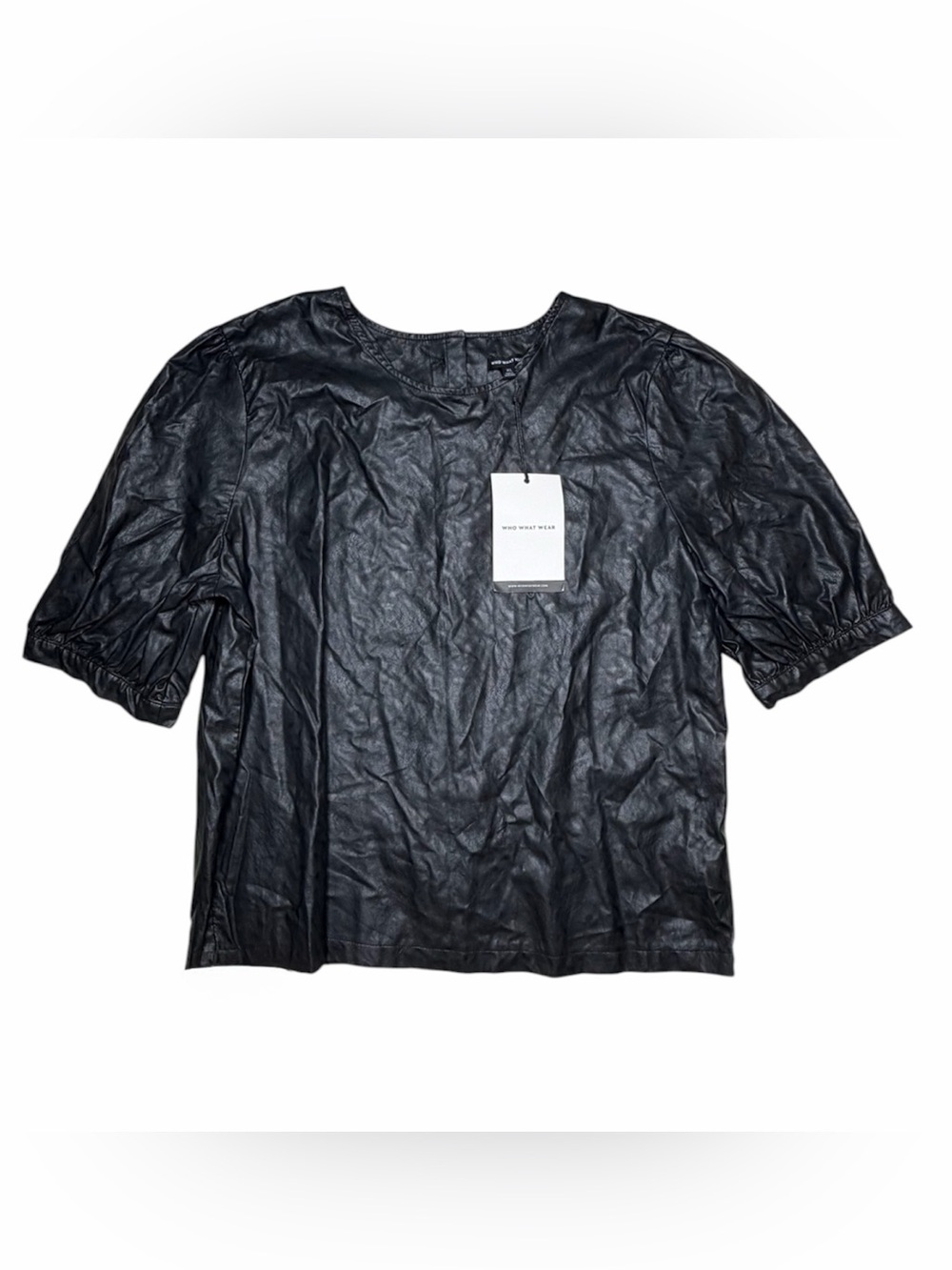Who What Wear Black Faux-Leather Short Sleeve Tee 743